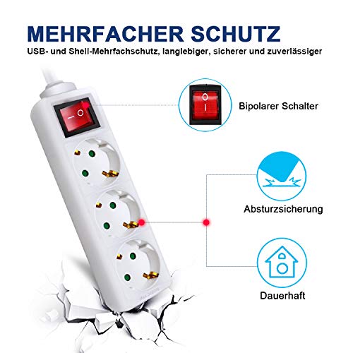 EXTRASTAR 3 Fach Flachstecker Steckdosenleiste mit Schalter, 1.5m Kabel
