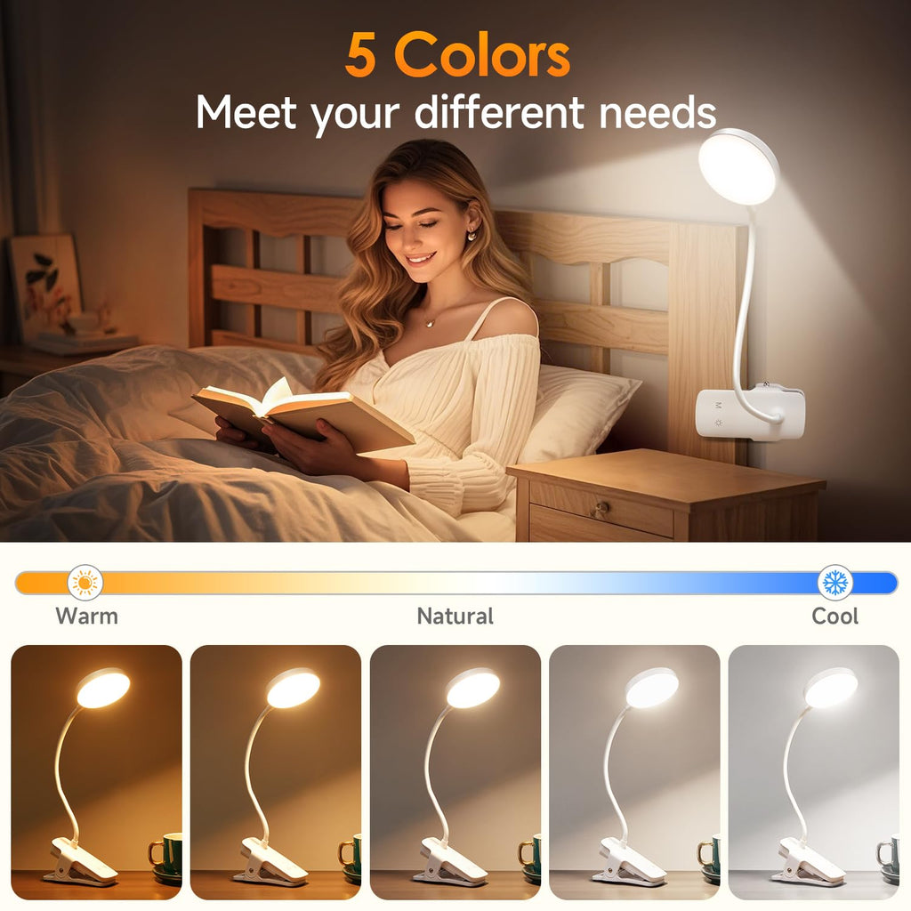 One Fire Leselampe Klemmlampe, 3600mAh Tischlampe Akku Tischleuchte Kabellos, 5 Helligkeit 5 Farben Nachttischlampe Touch, 36 LED+360° Flexibel Schreibtischlampe, Nachtlicht Led Lampe Stilllicht