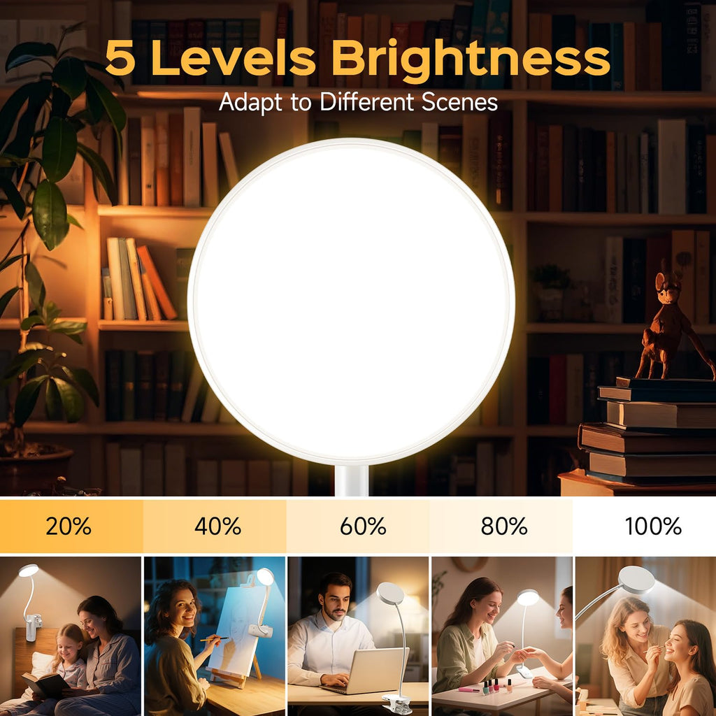 One Fire Leselampe Klemmlampe, 3600mAh Tischlampe Akku Tischleuchte Kabellos, 5 Helligkeit 5 Farben Nachttischlampe Touch, 36 LED+360° Flexibel Schreibtischlampe, Nachtlicht Led Lampe Stilllicht