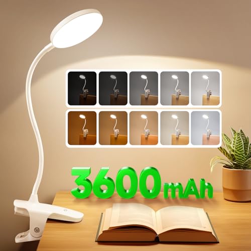 One Fire Leselampe Klemmlampe, 3600mAh Tischlampe Akku Tischleuchte Kabellos, 5 Helligkeit 5 Farben Nachttischlampe Touch, 36 LED+360° Flexibel Schreibtischlampe, Nachtlicht Led Lampe Stilllicht