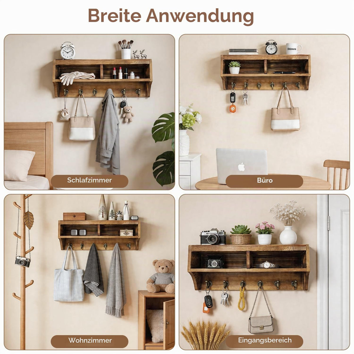 TopEsct Schlüsselbrett mit Ablage aus Holz, Schlüsselhalter Wand mit 6 Haken, Stabile Schraubenmontage für Flur & Eingangsbereich - Massivholz Kiefer 35,5 x 14,5 x 9,6 cm