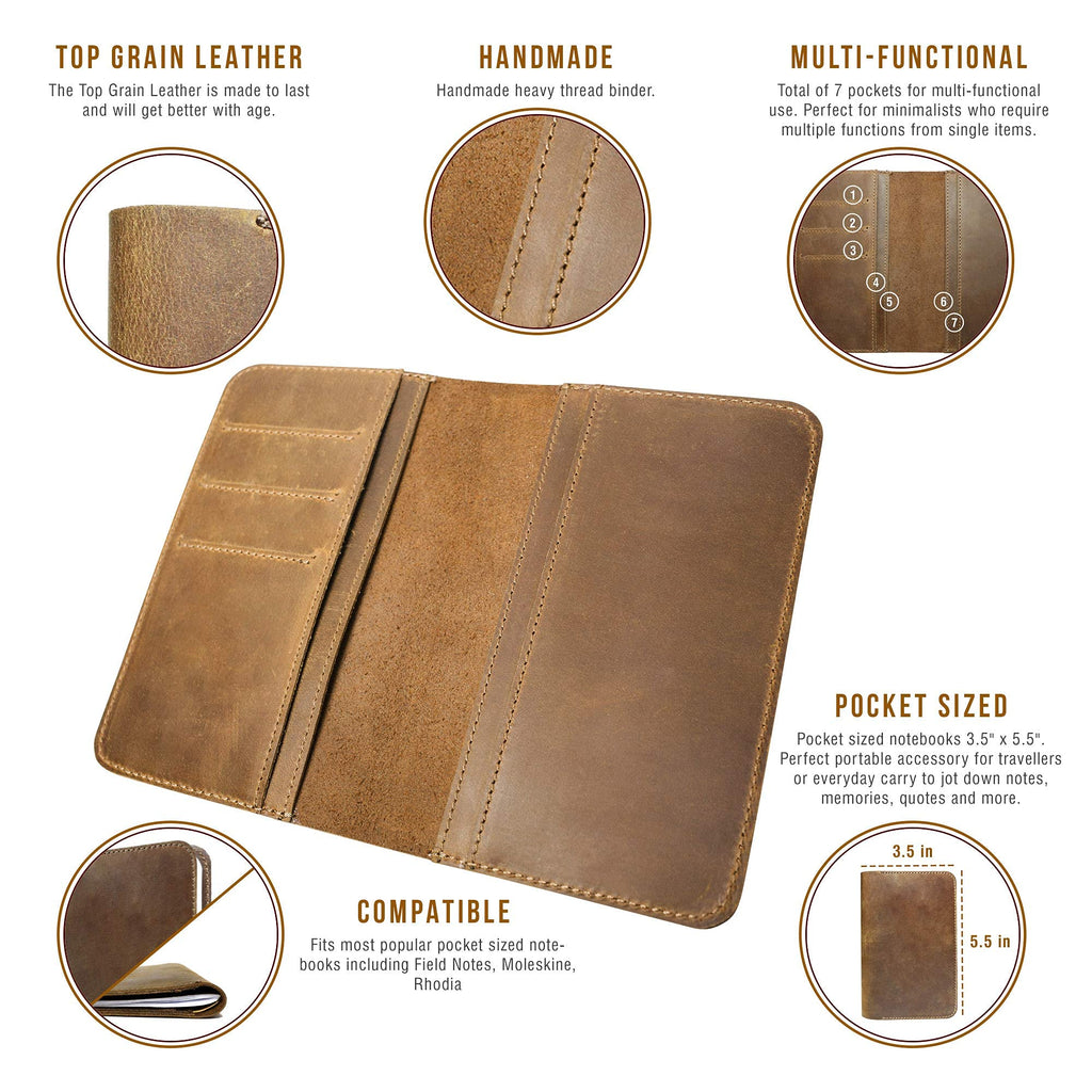 Notizbuch aus Leder für Notizbücher, passend Moleskine Cahier Taschengröße, 8,9 x 14 cm große Notebooks, handgenäht, echtes genarbtes Leder, mehrere Taschen zusätzliche Funktionalität.
