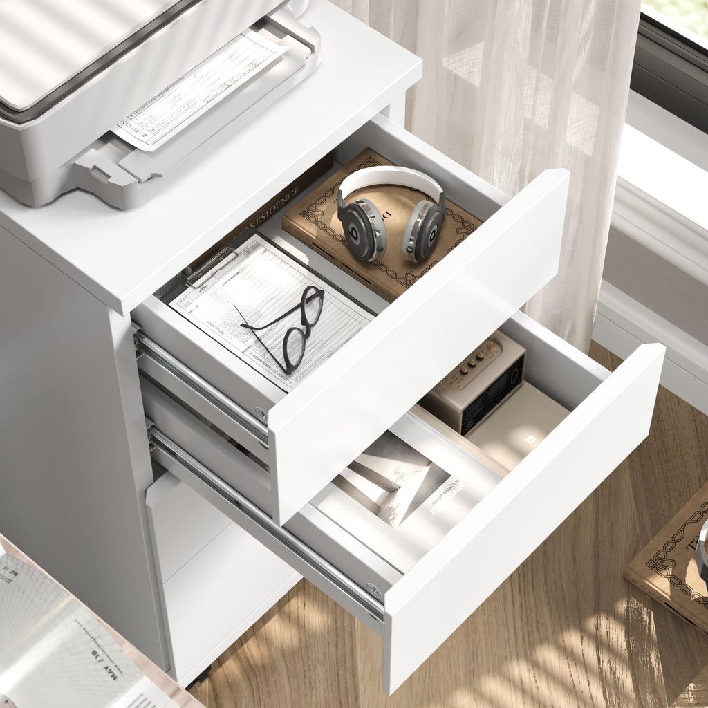 HOCSOK Rollcontainer mit Schubladen, Rollcontainer Schreibtisch mit Rollen, Büroschrank unter dem Schreibtisch für Zuhause und Büro (Weiß)