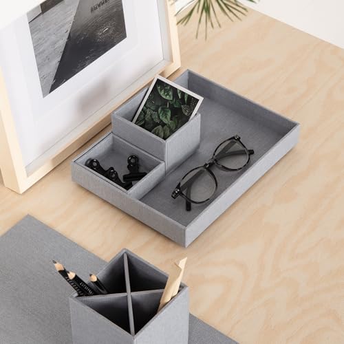 BIGSO BOX OF SWEDEN LENA Schreibtisch Organizer für Stifte, Büroklammern, Haftnotizen usw. – Sortierkasten mit 4 Fächern – Ordnungssystem aus Faserplatte und Papier in Leinenoptik – hellgrau