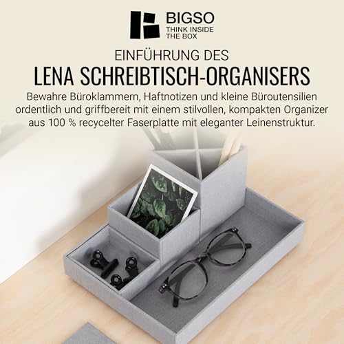 BIGSO BOX OF SWEDEN LENA Schreibtisch Organizer für Stifte, Büroklammern, Haftnotizen usw. – Sortierkasten mit 4 Fächern – Ordnungssystem aus Faserplatte und Papier in Leinenoptik – hellgrau