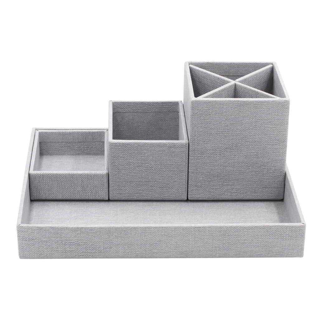 BIGSO BOX OF SWEDEN LENA Schreibtisch Organizer für Stifte, Büroklammern, Haftnotizen usw. – Sortierkasten mit 4 Fächern – Ordnungssystem aus Faserplatte und Papier in Leinenoptik – hellgrau