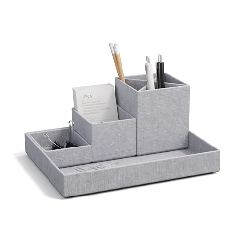 BIGSO BOX OF SWEDEN LENA Schreibtisch Organizer für Stifte, Büroklammern, Haftnotizen usw. – Sortierkasten mit 4 Fächern – Ordnungssystem aus Faserplatte und Papier in Leinenoptik – hellgrau
