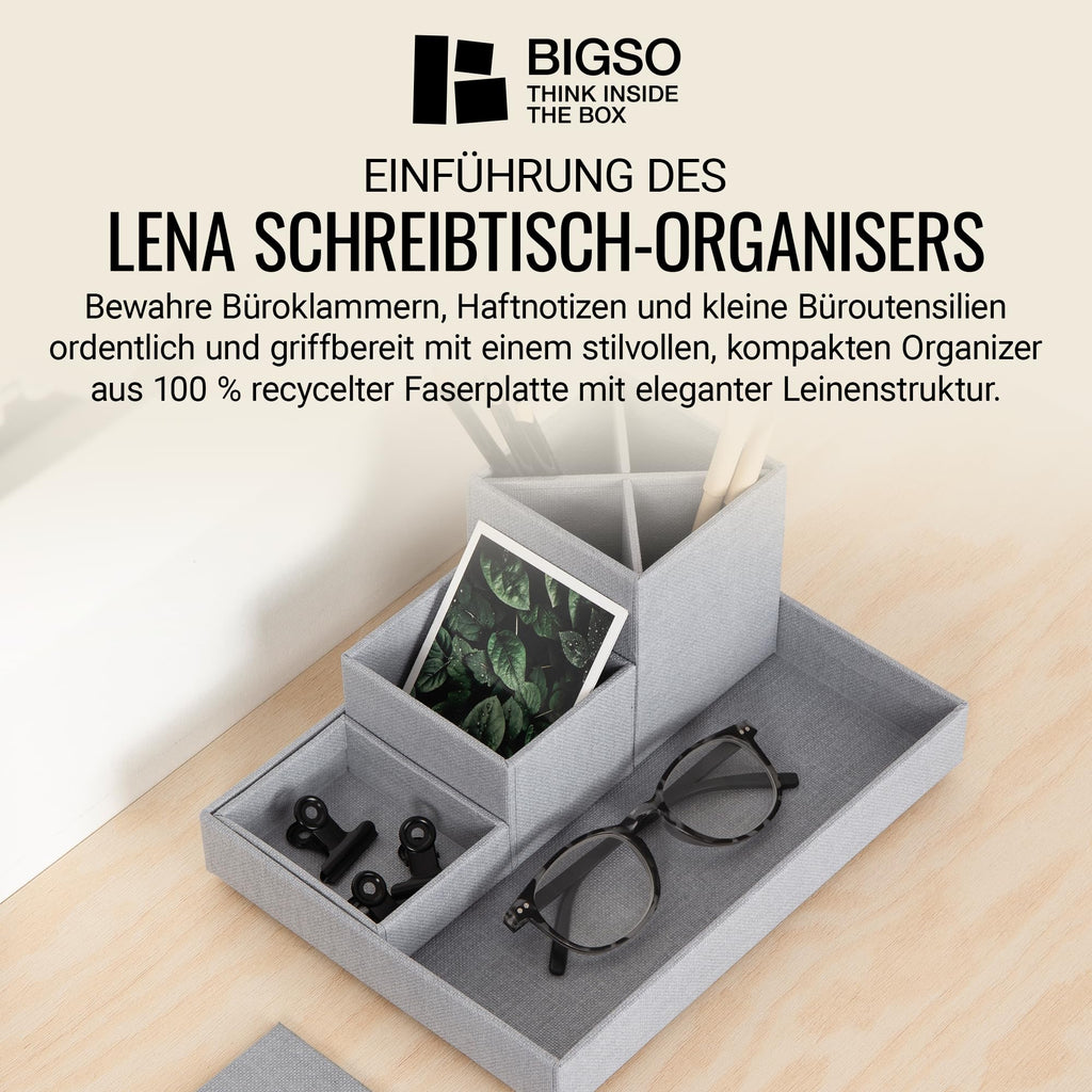 BIGSO BOX OF SWEDEN LENA Schreibtisch Organizer für Stifte, Büroklammern, Haftnotizen usw. – Sortierkasten mit 4 Fächern – Ordnungssystem aus Faserplatte und Papier in Leinenoptik – hellgrau