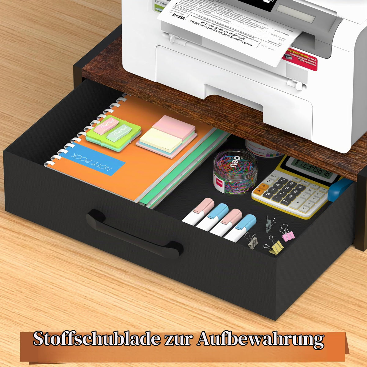 Alyoen Schreibtischdruckerständer mit Stoffschublade und offenem Regal, Druckertisch mit Stauraum für Heimbüro, 3D-Drucker, Faxgerät, Scanner, 2-stöckiger