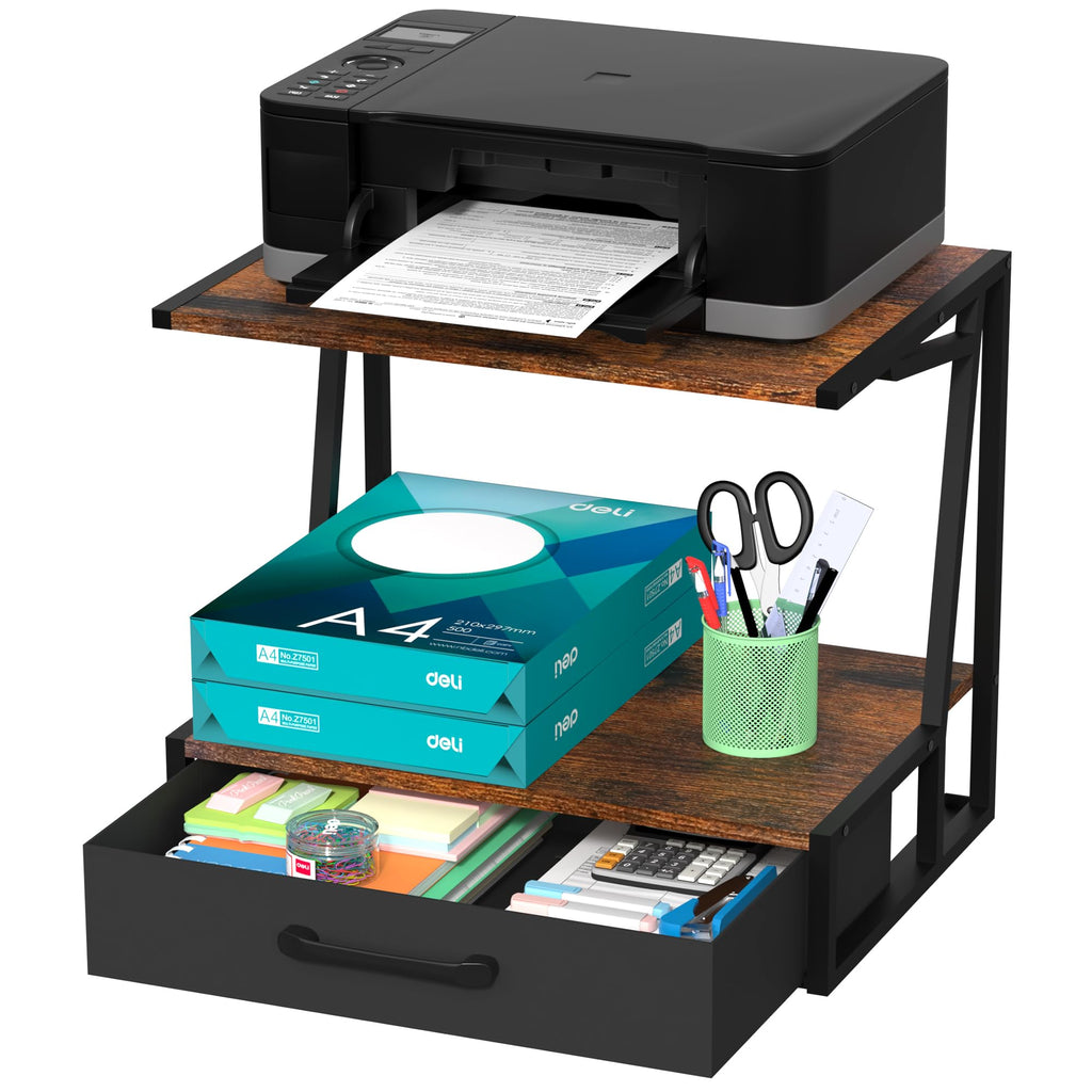 Alyoen Schreibtischdruckerständer mit Stoffschublade und offenem Regal, Druckertisch mit Stauraum für Heimbüro, 3D-Drucker, Faxgerät, Scanner, 2-stöckiger