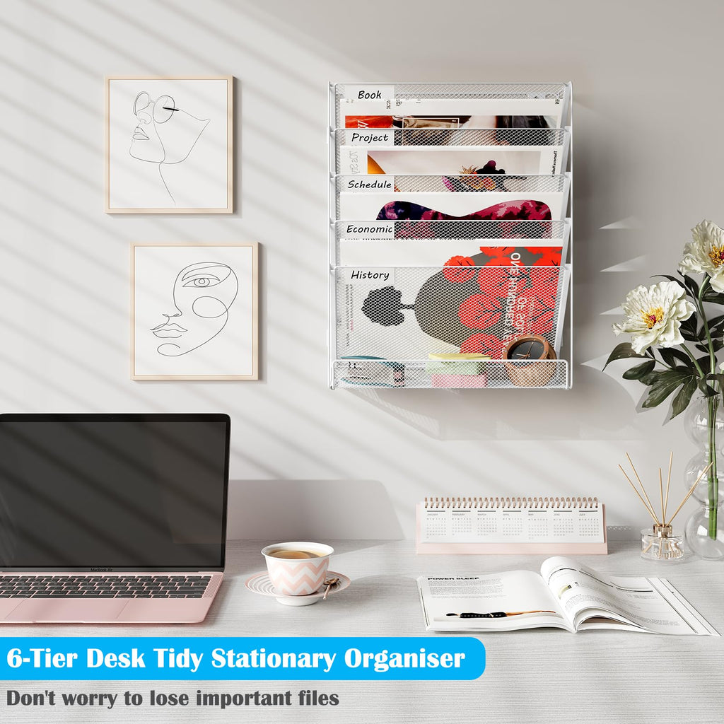 TQVAI Schreibtisch Organizer, 6 Fächer Zeitschriftenhalter Wand Metall Dokumenten Organizer Papier A4 Flyerhalter Postsortierer Dokumentenablage für Büro Zuhause Schule, Weiß