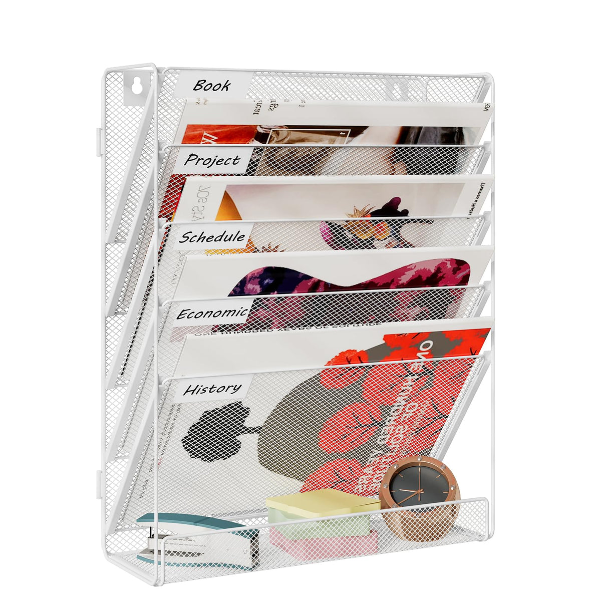 TQVAI Schreibtisch Organizer, 6 Fächer Zeitschriftenhalter Wand Metall Dokumenten Organizer Papier A4 Flyerhalter Postsortierer Dokumentenablage für Büro Zuhause Schule, Weiß