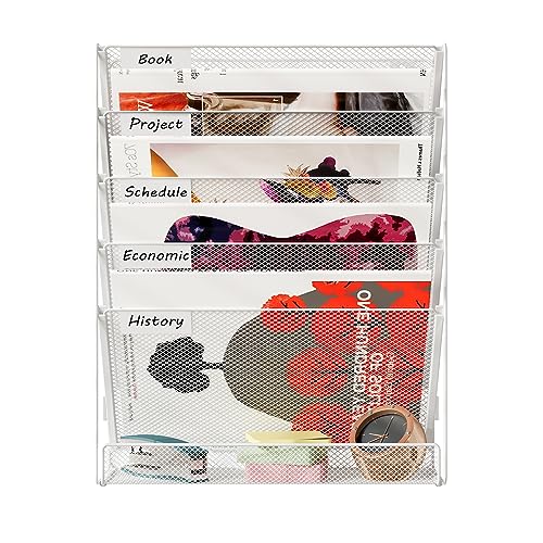 TQVAI Schreibtisch Organizer, 6 Fächer Zeitschriftenhalter Wand Metall Dokumenten Organizer Papier A4 Flyerhalter Postsortierer Dokumentenablage für Büro Zuhause Schule, Weiß
