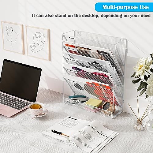 TQVAI Schreibtisch Organizer, 6 Fächer Zeitschriftenhalter Wand Metall Dokumenten Organizer Papier A4 Flyerhalter Postsortierer Dokumentenablage für Büro Zuhause Schule, Weiß