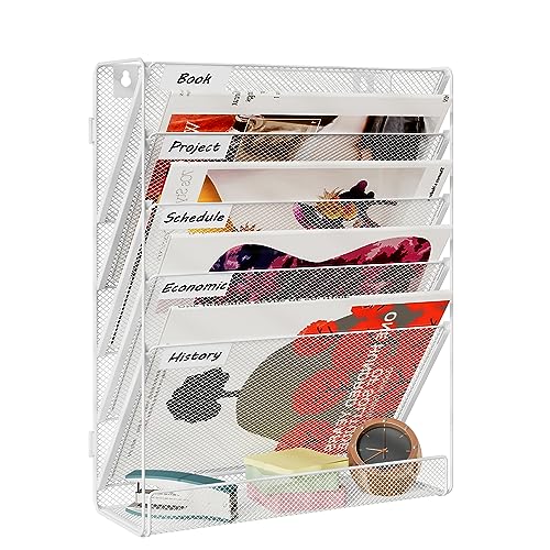 TQVAI Schreibtisch Organizer, 6 Fächer Zeitschriftenhalter Wand Metall Dokumenten Organizer Papier A4 Flyerhalter Postsortierer Dokumentenablage für Büro Zuhause Schule, Weiß