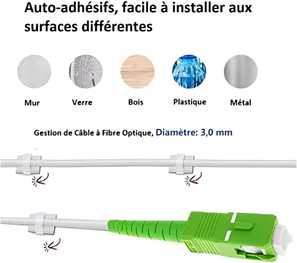 Elfcam - Kabelclips Selbstklebend für Glasfaserkabel (LWL Patchkabel), Stromkabel, Netzwerkkabel, USB Ladekabel und Audiokabel, Weiß (50 Stück)