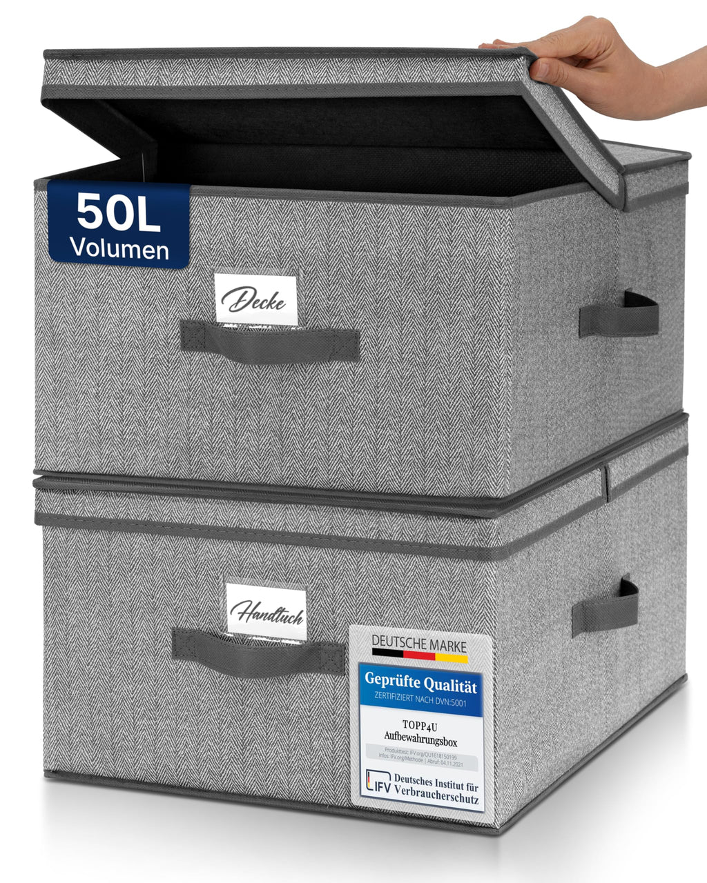 TOPP4u 2er Set große Aufbewahrungs-Box 50L mit Deckel, 2 Fächer 40x50x25cm