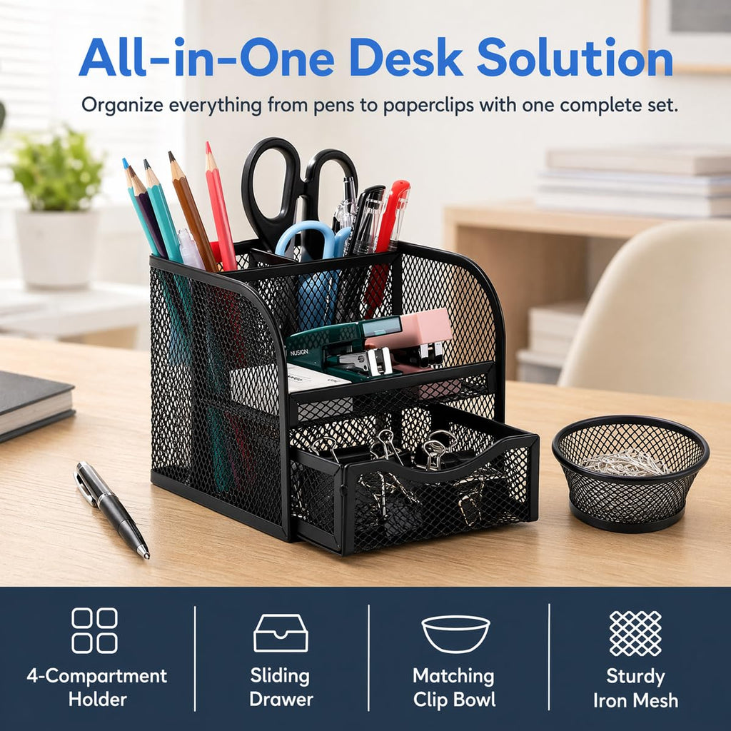 Schreibtisch Organizer Schwarz 4 Fächer Stiftehalter mit Schublade