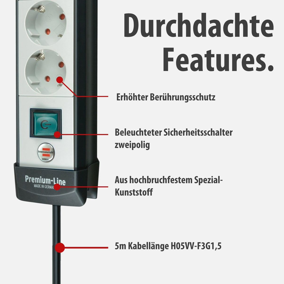 Brennenstuhl Premium-Line Steckdosenleiste 4-Fach, 5m