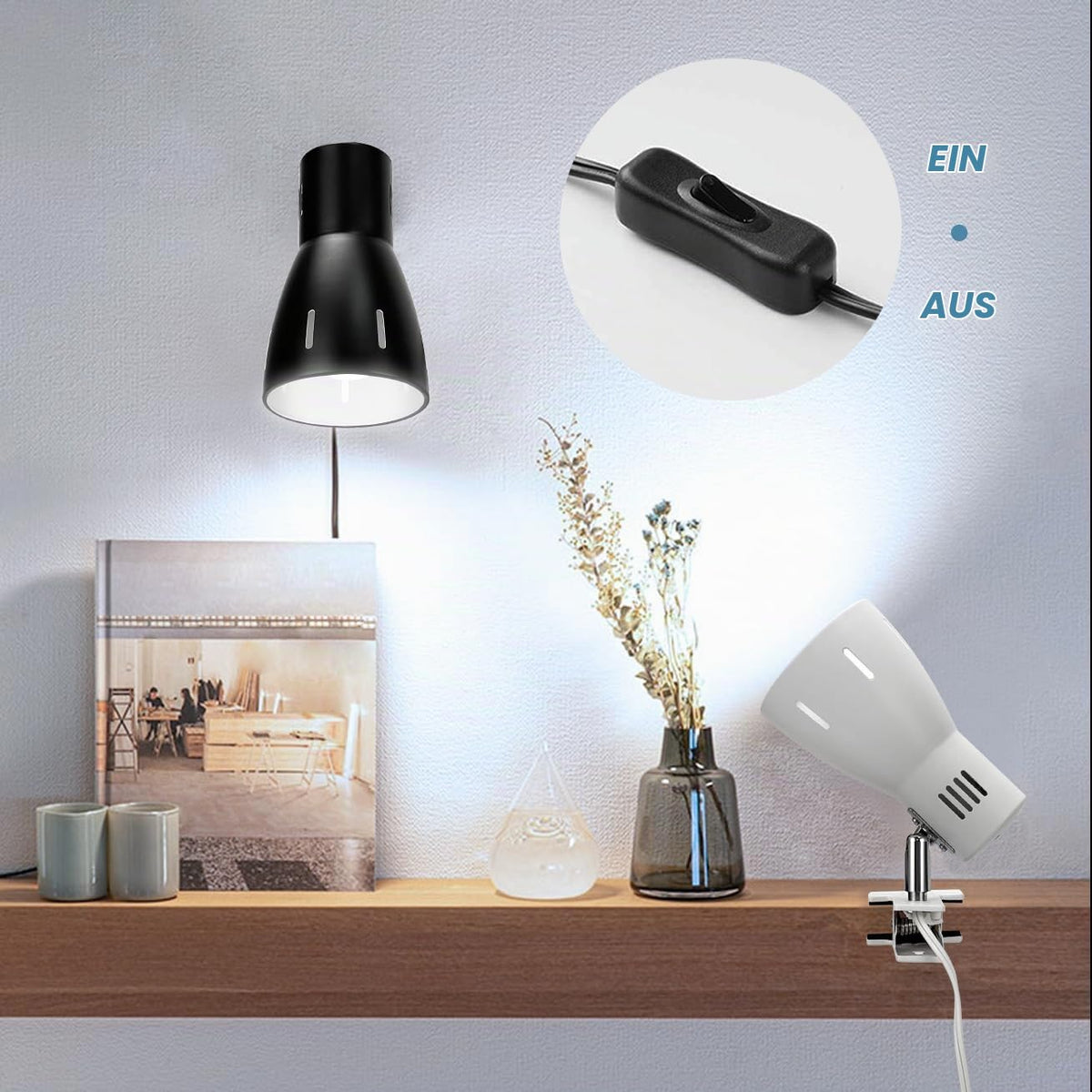 Milpoel Klemmleuchte, Verstellbare Schreibtischlampe mit E27-Fassung, Klemmlampe für Lesen im Bett, Arbeiten und Lernen, Schlankes und Leichtes Design, E27-Birne Separat Erhältlich (Weiß)