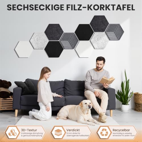 10 Stück Sechseckige Filz Pinnwand, Pinnwand Kork Alternative Selbstklebend, Dekorative Filzboard Vision Board Fotowand Memoboard Wanddekoration für Büro, Schule, Zuhause