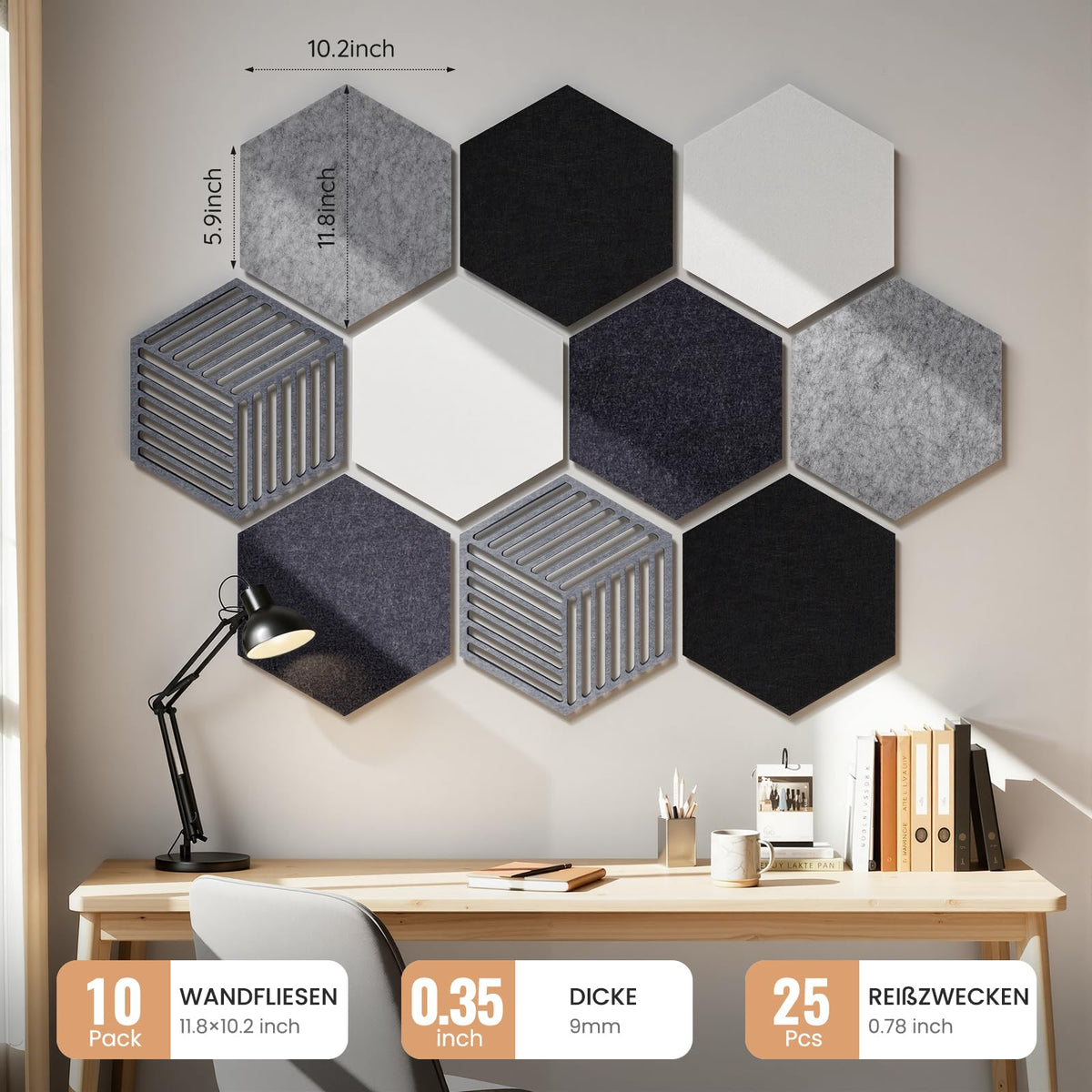 10 Stück Sechseckige Filz Pinnwand, Pinnwand Kork Alternative Selbstklebend, Dekorative Filzboard Vision Board Fotowand Memoboard Wanddekoration für Büro, Schule, Zuhause