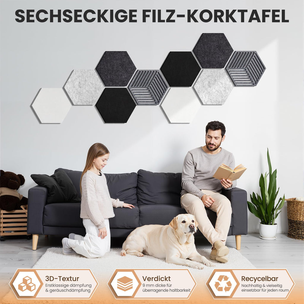 10 Stück Sechseckige Filz Pinnwand, Pinnwand Kork Alternative Selbstklebend, Dekorative Filzboard Vision Board Fotowand Memoboard Wanddekoration für Büro, Schule, Zuhause