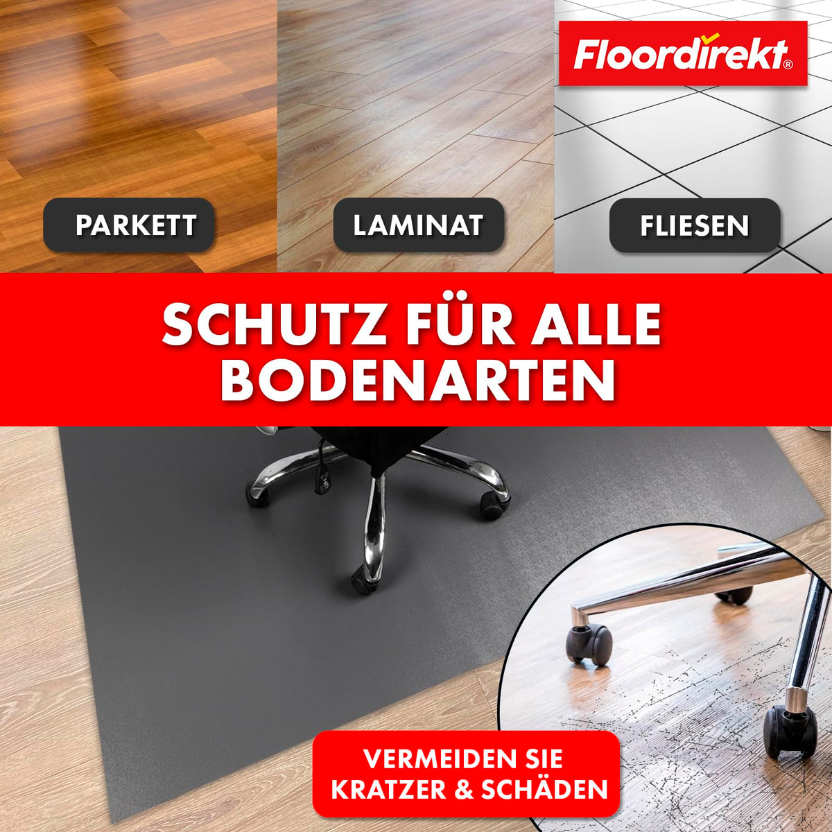 Floordirekt Bodenschutzmatte 90 x 120 cm, Dunkelgrau - mit abgeschrägter Kante - Bürostuhl Unterlage aus PVC, Bodenschutz, Unterlegmatte, Schutzmatte für Laminat, Parkett, Hartböden (Kleopatra)