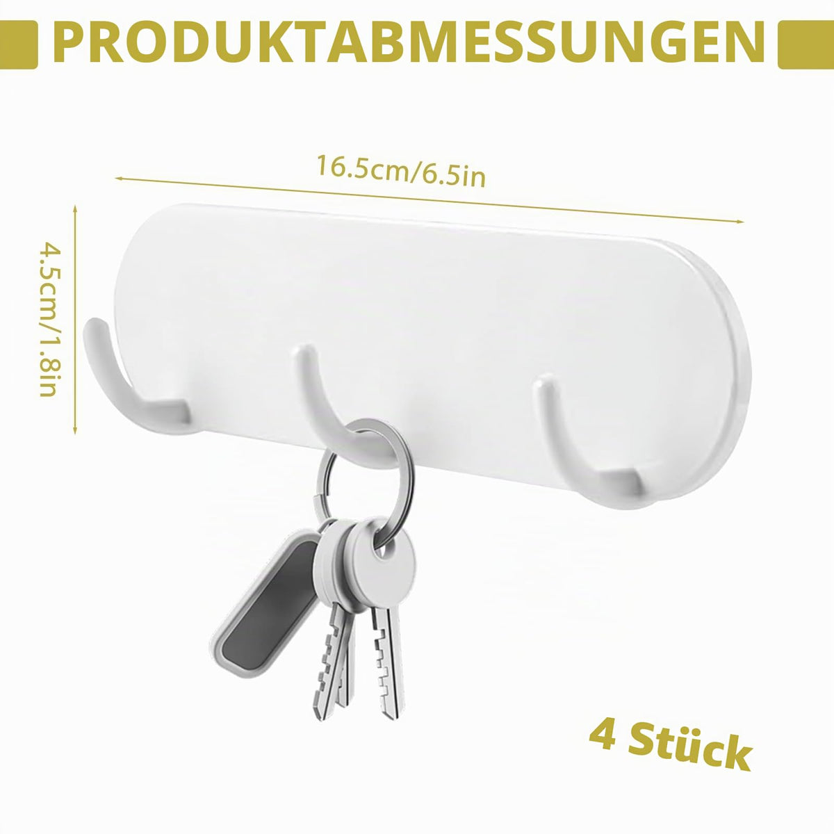 4 Stück Schlüsselbrett Magnetisch Ohne Bohren mit 3 Haken Weiß