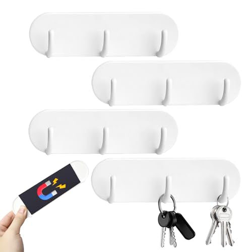 4 Stück Schlüsselbrett Magnetisch Ohne Bohren mit 3 Haken Weiß