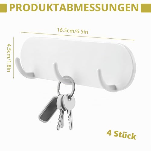 4 Stück Schlüsselbrett Magnetisch Ohne Bohren mit 3 Haken Weiß