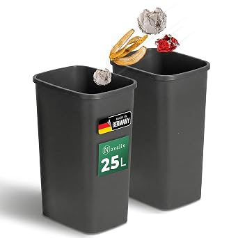 Novaliv 2er Set Mülleimer 25L ohne Deckel Anthrazit, Offener Papierkorb Abfalleimer für Küche Haushalt Büro Gewerbe, Müll Eimer Bin Abfallbehälter Kunststoff Mülltonne Eckig Made in Germany