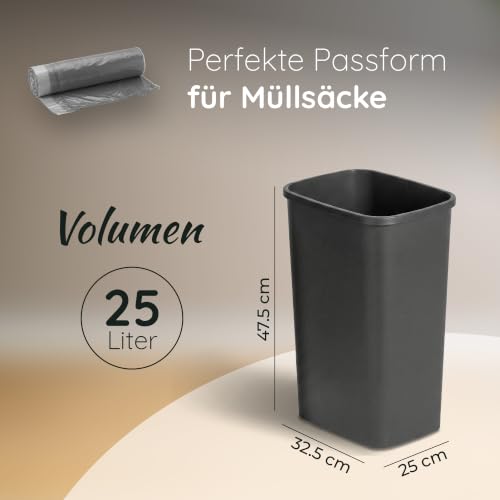 Novaliv 2er Set Mülleimer 25L ohne Deckel Anthrazit, Offener Papierkorb Abfalleimer für Küche Haushalt Büro Gewerbe, Müll Eimer Bin Abfallbehälter Kunststoff Mülltonne Eckig Made in Germany