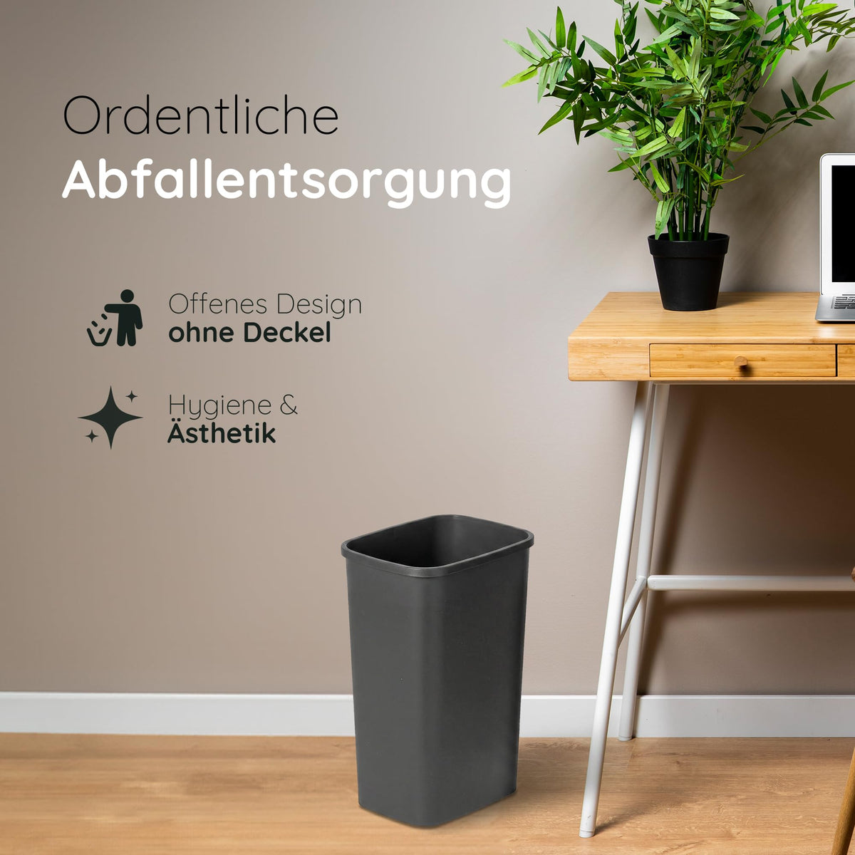 Novaliv 2er Set Mülleimer 25L ohne Deckel Anthrazit, Offener Papierkorb Abfalleimer für Küche Haushalt Büro Gewerbe, Müll Eimer Bin Abfallbehälter Kunststoff Mülltonne Eckig Made in Germany
