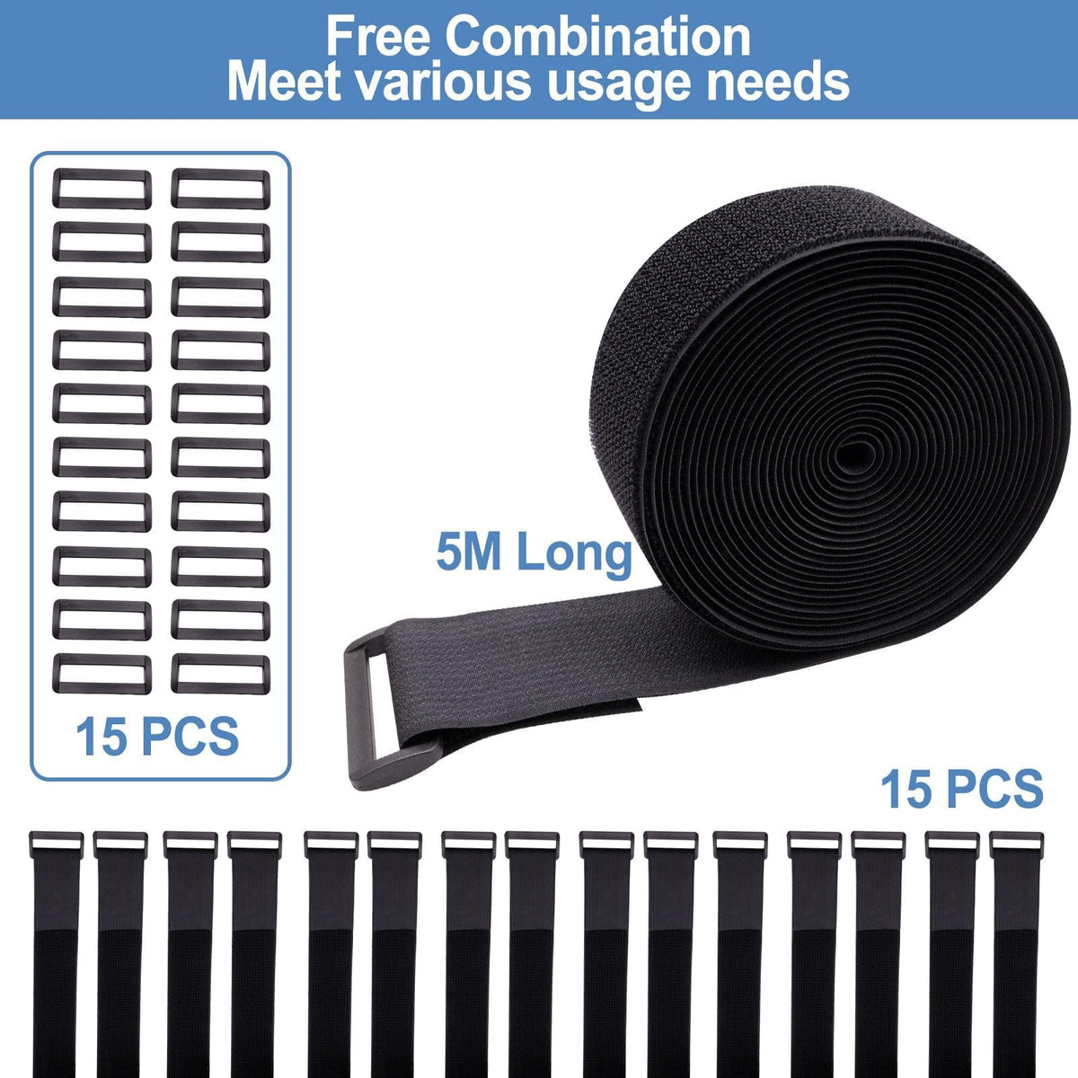 5cm × 5m Klettband, Kabelbinder Klett mit 15 Schnallen