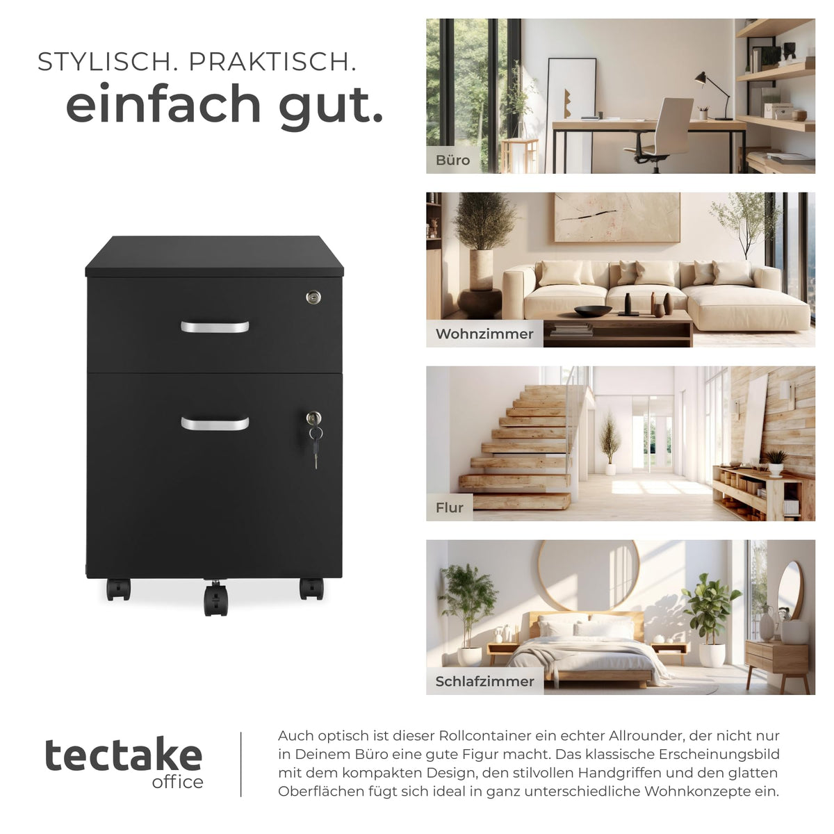 tectake® Rollcontainer mit Schubladen, Aktenschrank abschließbar, Kommode mit Schubladen, Rollwagen, Organizer für Dokumentenablage und Ordner A4 breit, Büroschrank, schwarz