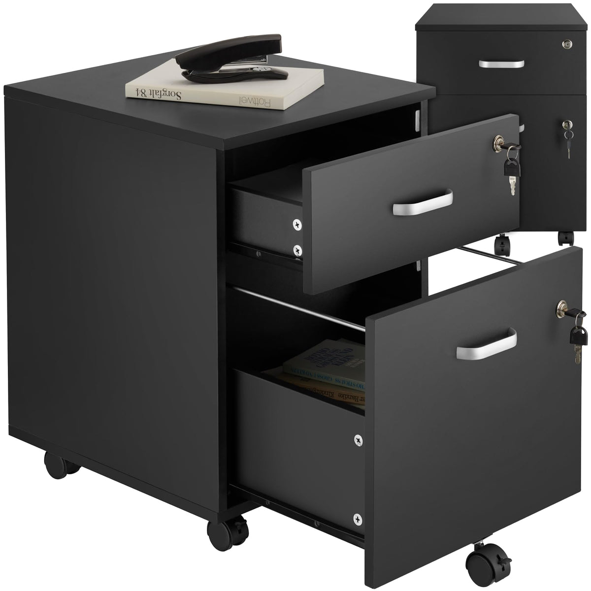 tectake® Rollcontainer mit Schubladen, Aktenschrank abschließbar, Kommode mit Schubladen, Rollwagen, Organizer für Dokumentenablage und Ordner A4 breit, Büroschrank, schwarz