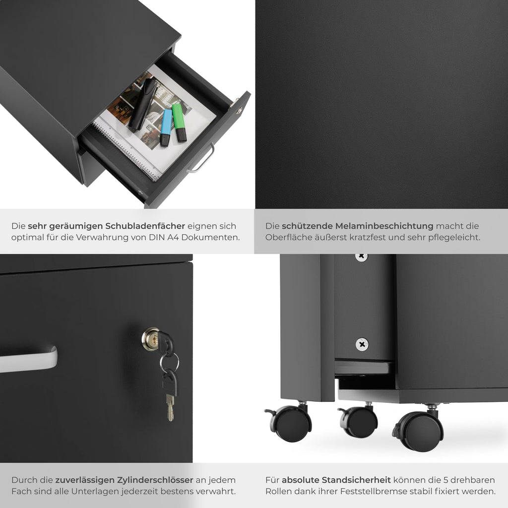 tectake® Rollcontainer mit Schubladen, Aktenschrank abschließbar, Kommode mit Schubladen, Rollwagen, Organizer für Dokumentenablage und Ordner A4 breit, Büroschrank, schwarz