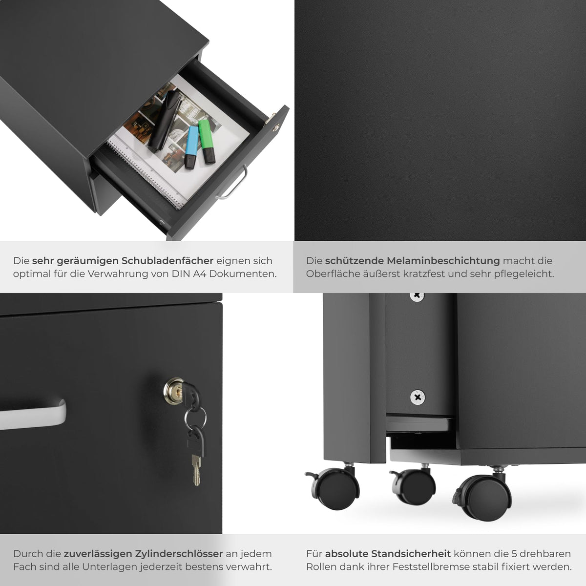 tectake® Rollcontainer mit Schubladen, Aktenschrank abschließbar, Kommode mit Schubladen, Rollwagen, Organizer für Dokumentenablage und Ordner A4 breit, Büroschrank, schwarz
