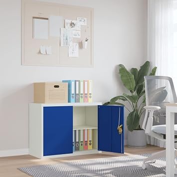 Aktenschrank Hellgrau und Blau aus pulverbeschichtetem Stahl 90x40x70 cm mit Einlegeboden abschließbar für Büro Homeoffice Arbeitszimmer Ordnung und Aufbewahrung