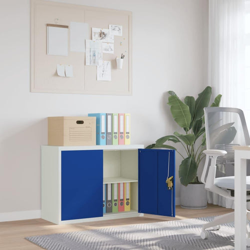 Aktenschrank Hellgrau und Blau aus pulverbeschichtetem Stahl 90x40x70 cm mit Einlegeboden abschließbar für Büro Homeoffice Arbeitszimmer Ordnung und Aufbewahrung