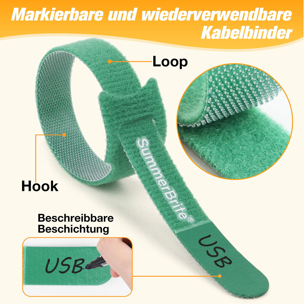 Summerbrite Beschreibbar Klett Kabelbinder 70 Stück, 10/15/20 cm, 6 Farben