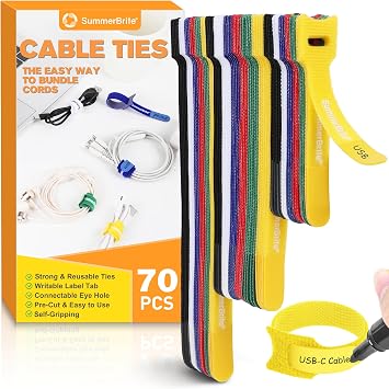 Summerbrite Beschreibbar Klett Kabelbinder 70 Stück, 10/15/20 cm, 6 Farben