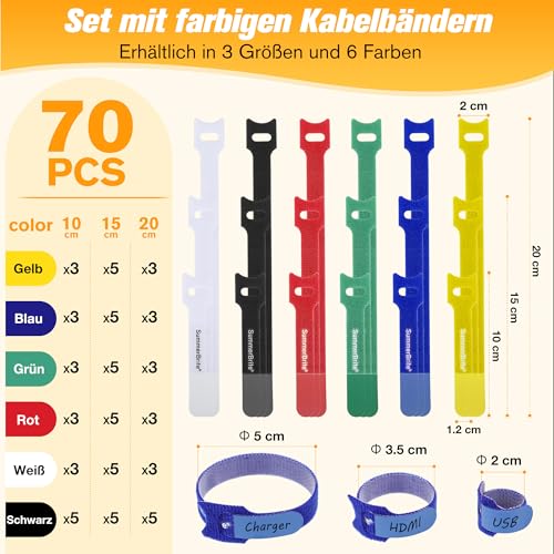 Summerbrite Beschreibbar Klett Kabelbinder 70 Stück, 10/15/20 cm, 6 Farben