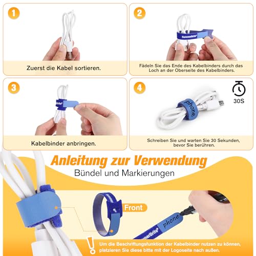 Summerbrite Beschreibbar Klett Kabelbinder 70 Stück, 10/15/20 cm, 6 Farben