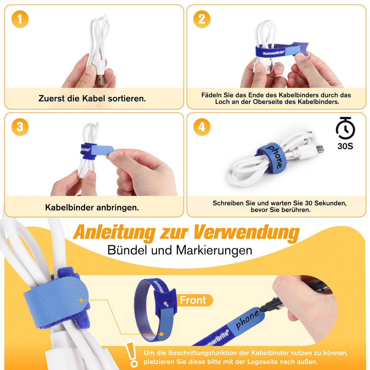 Summerbrite Beschreibbar Klett Kabelbinder 70 Stück, 10/15/20 cm, 6 Farben
