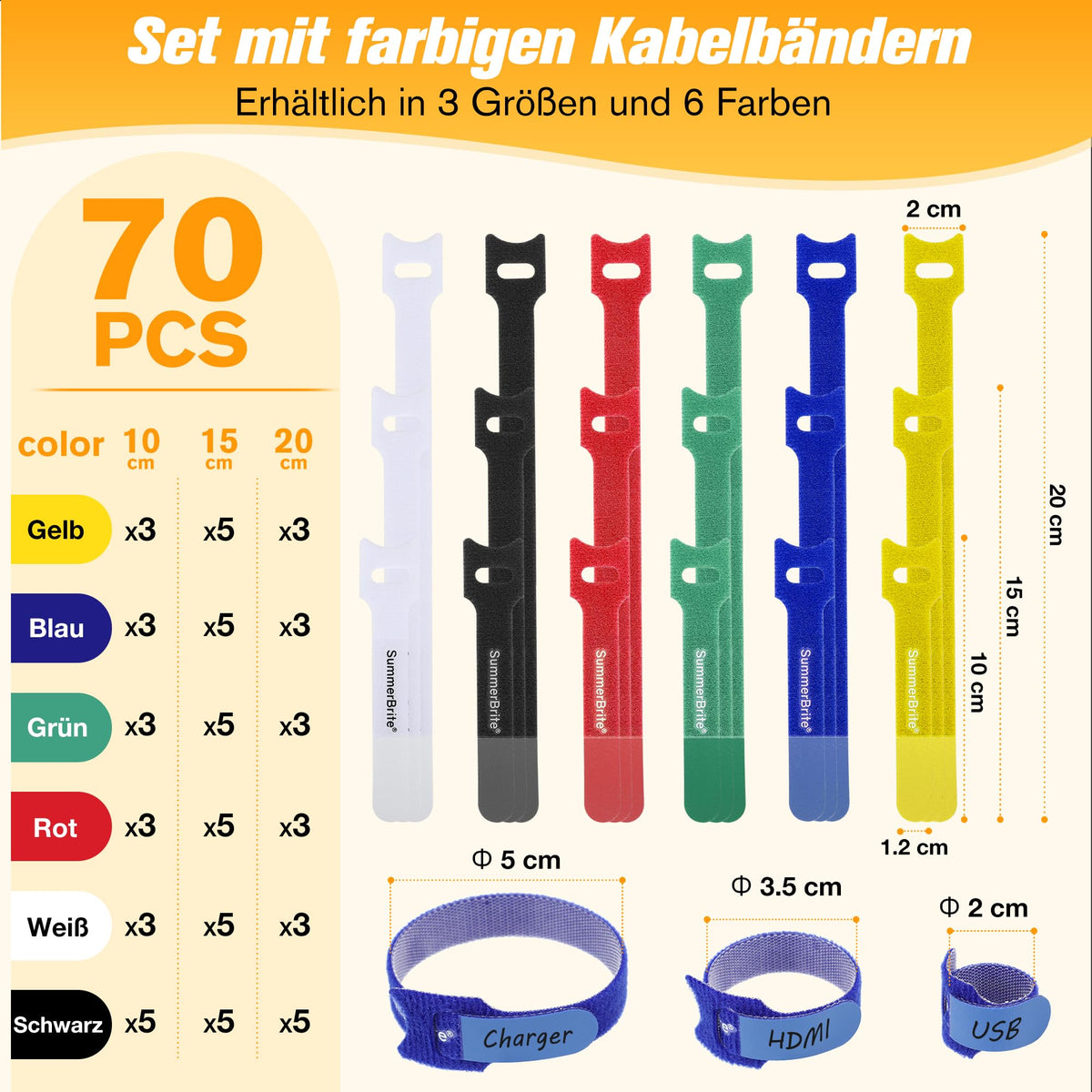 Summerbrite Beschreibbar Klett Kabelbinder 70 Stück, 10/15/20 cm, 6 Farben