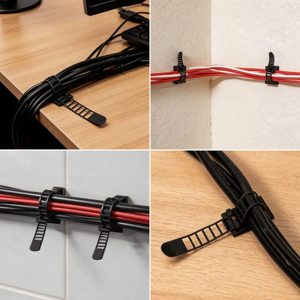 50 Stück Kabelhalter Selbstklebend, Kabelclips Kabelklemmen, Verstellbare Kabelbinder, Kabelführung Kabelschellen Cable Holder für Zuhause Büro und Werkstatt