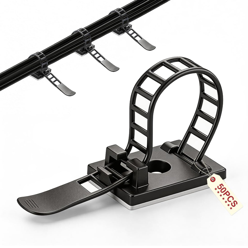 50 Stück Kabelhalter Selbstklebend, Kabelclips Kabelklemmen, Verstellbare Kabelbinder, Kabelführung Kabelschellen Cable Holder für Zuhause Büro und Werkstatt