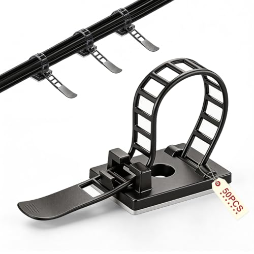 50 Stück Kabelhalter Selbstklebend, Kabelclips Kabelklemmen, Verstellbare Kabelbinder, Kabelführung Kabelschellen Cable Holder für Zuhause Büro und Werkstatt